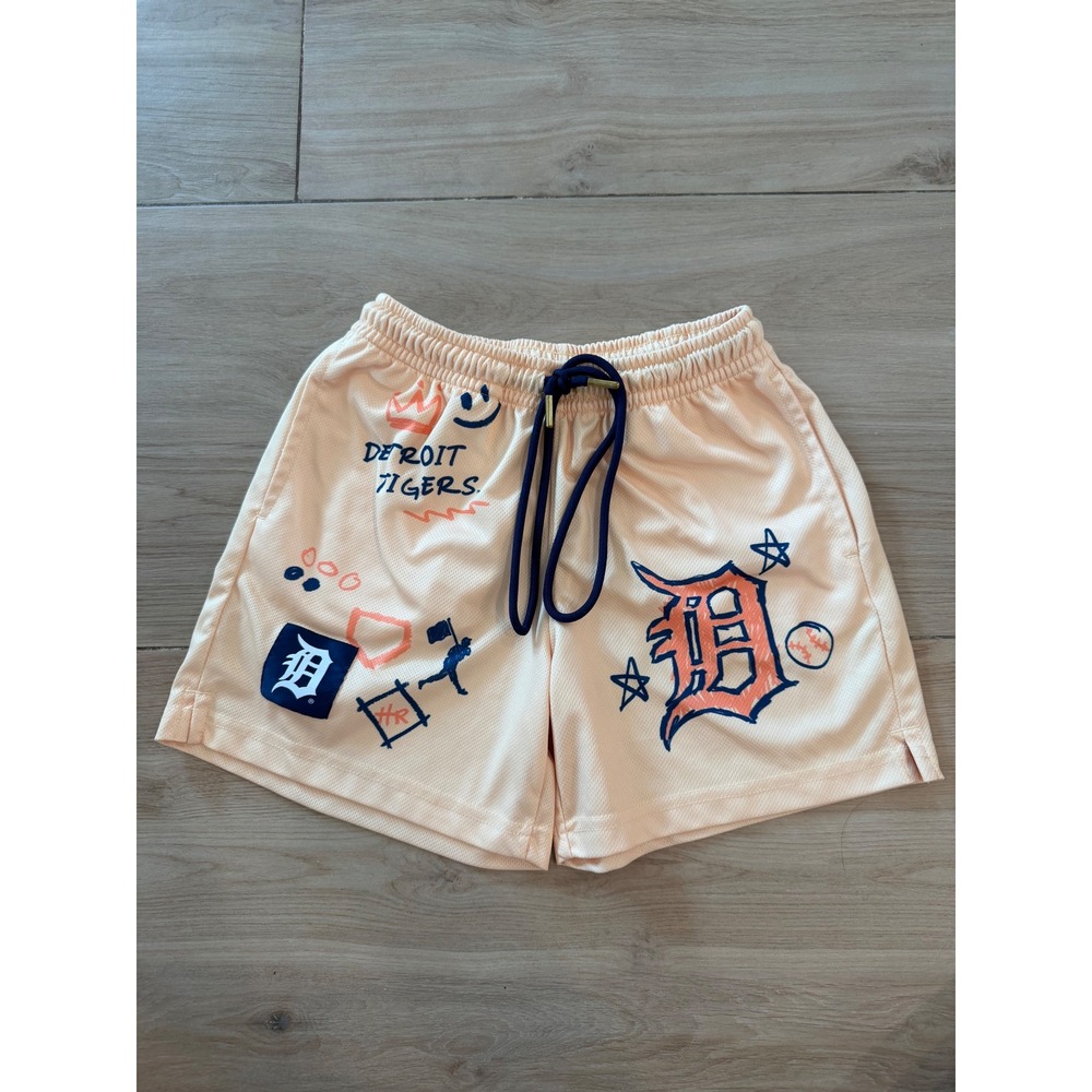Baseballism Detroit Tigers Kids Mesh Athletic Shorts Peach Doodle Graphic D Logo